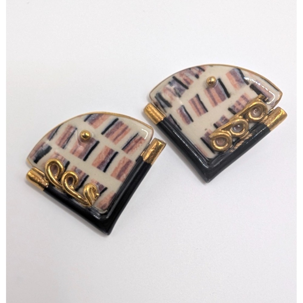Vintage Porcelain Stud Earrings NOS Memphis Pink Black Gold Geometric Fan 1.6"